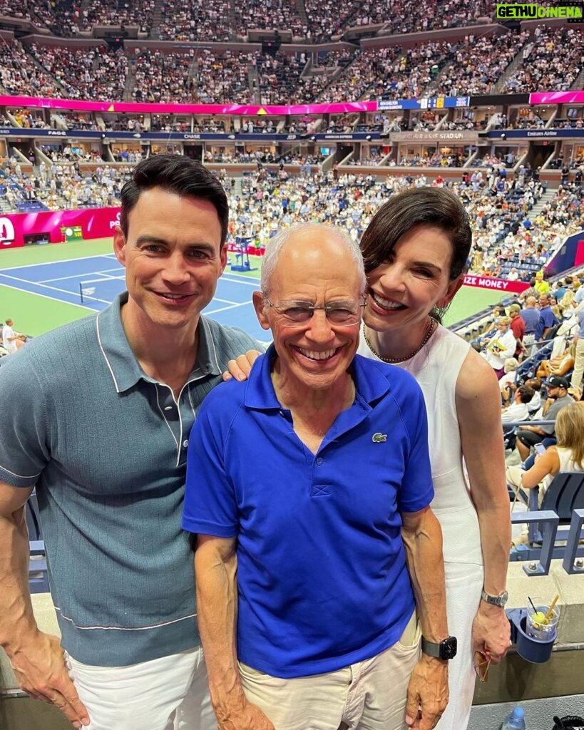 Julianna Margulies Instagram - What an amazing day @usopen yesterday for the men’s semifinals! Thank you so much @cadillac for hosting us! We took my father-in-law for his 80th birthday and had the best time Happy Birthday Ken! We love you! #usopen #cadillac #usta Also… because people keep asking: the jumpsuit I’m wearing is from @narciso_rodriguez capsule collection for @zara