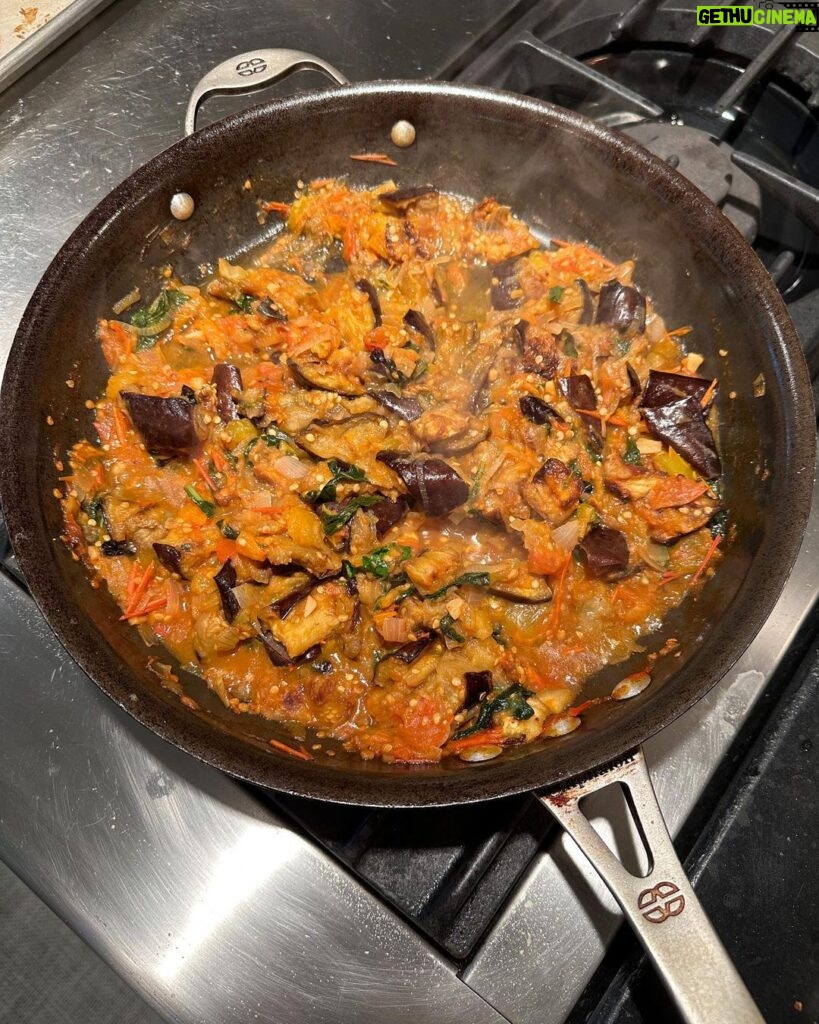 Julianna Margulies Instagram - Garden offerings… what to make: roasted eggplant in the oven, sautéed 3 cloves garlic, then added shallots, onion, then chopped tomatoes, basil, thyme a tsp of chili flakes, a half cup of water, once eggplant roasted (about 40 min @ 400deg) added eggplant, salt and pepper. Covered pasta with sauce and a little mozzarella. #noleftovers