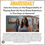 Julie Ann Emery Instagram - I had a deep and heartfelt chat with the lovely and thoughtful @brotherjulius83 @awardsdaily about #FiveDaysAtMemorial on @appletvplus and the responsibility and emotional mark of playing the incredible Diane Robichaux. (link in my bio) Everything here is honest. Including how wonderful and brilliant both our cast and entire crew were during filming. But maybe nothing more honest than our discussion of filming my final scene with the talented and wonderful @babyhuey51 and this “I felt a particular responsibility, leading the LifeCare side of the story, because that’s really where we feel the emotional consequences of the actions that are happening. We wanted to dive deeper and then deeper and then deeper. “ Also super grateful for this truth “John (Ridley) and @carltoncuse were really interested in how complex and far it could go” If you haven’t seen the show yet, it is a story worth your time all the way through. And all eps are available on @appletvplus 💜 #awardseason #sagawards