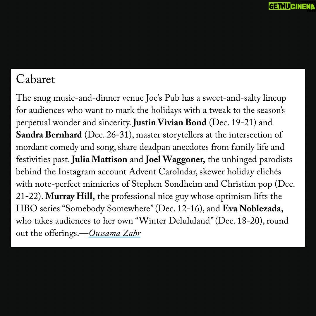 Justin Vivian Bond Instagram - Thanks to @newyorkermag for the shout out for ICING! (Dec 19-Jan 7. Thrilled to be listed with my pals @sandragbernhard and @murrayhill. Nothing beats @joespub for the holidaze!!! Repost from @joespub • Thank you @newyorkermag for sharing our holiday cabaret magic with your readers ❤️ Slide 3 photo @tschlenk Tix link in profile. Joe's Pub