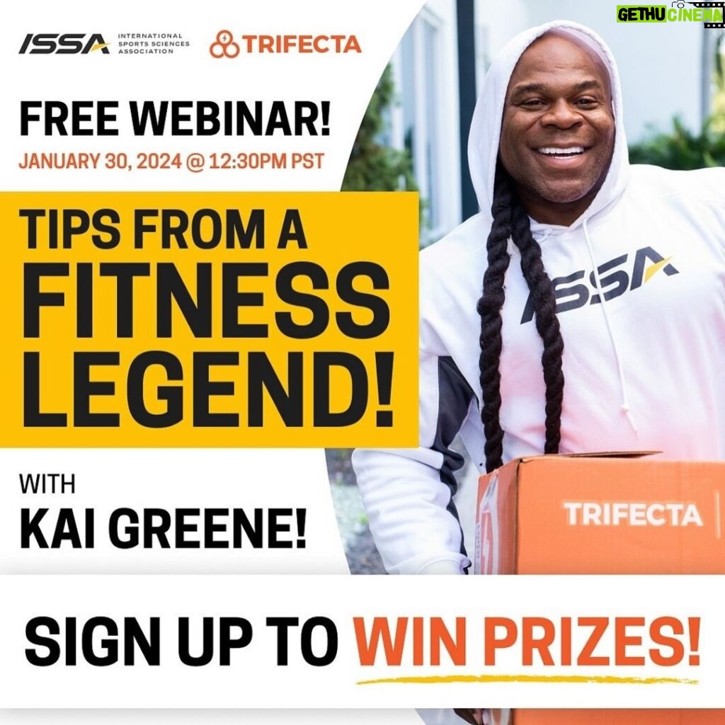 Kai Greene Instagram - FREE WEBINAR 🌐 TOMORROW👇🏾 Join us tomorrow January 30th at 12:30pm PST for an incredible FREE webinar with yours truly, @issaonline & @trifecta We’ll dive into self-discovery, nutrition, training, and the business side of fitness. Secure your spot today for a chance to WIN FREE PRIZES, including ISSA specializations & Trifecta Gift Cards. DON’T MISS THIS 👇🏾 Head to the link in bio & join us! #KaiGreene #TRIFECTA #ISSAonline #ThoughtsBecomeThings