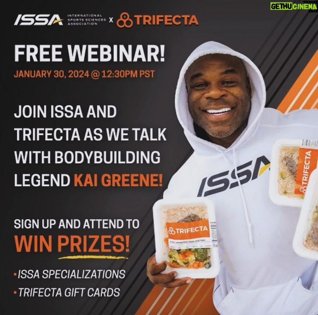 Kai Greene Instagram - FREE WEBINAR 💥 Details Below👇🏾 Tag A Friend That Needs To See This Join us on January 30th at 12:30pm PST for FREE webinar featuring yours truly, @issaonline and nutrition powerhouse @trifecta 🍴We’ll dive into the insights on self-discovery, nutrition, training, and the business side of fitness. Secure your spot today for the chance to WIN FREE PRIZES ranging from ISSA specializations to Trifecta Gift Cards. DON’T MISS THIS ‼️ Head to the link in bio & claim your FREE spot! #KaiGreene #TRIFECTA #ISSAonline #ThoughtsBecomeThings