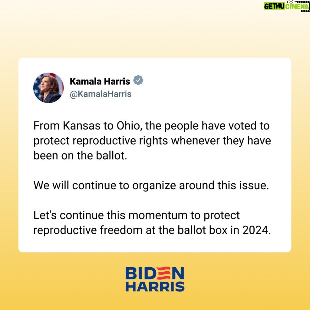 Kamala Harris Instagram - Let's continue this momentum to protect reproductive freedom at the ballot box in 2024.