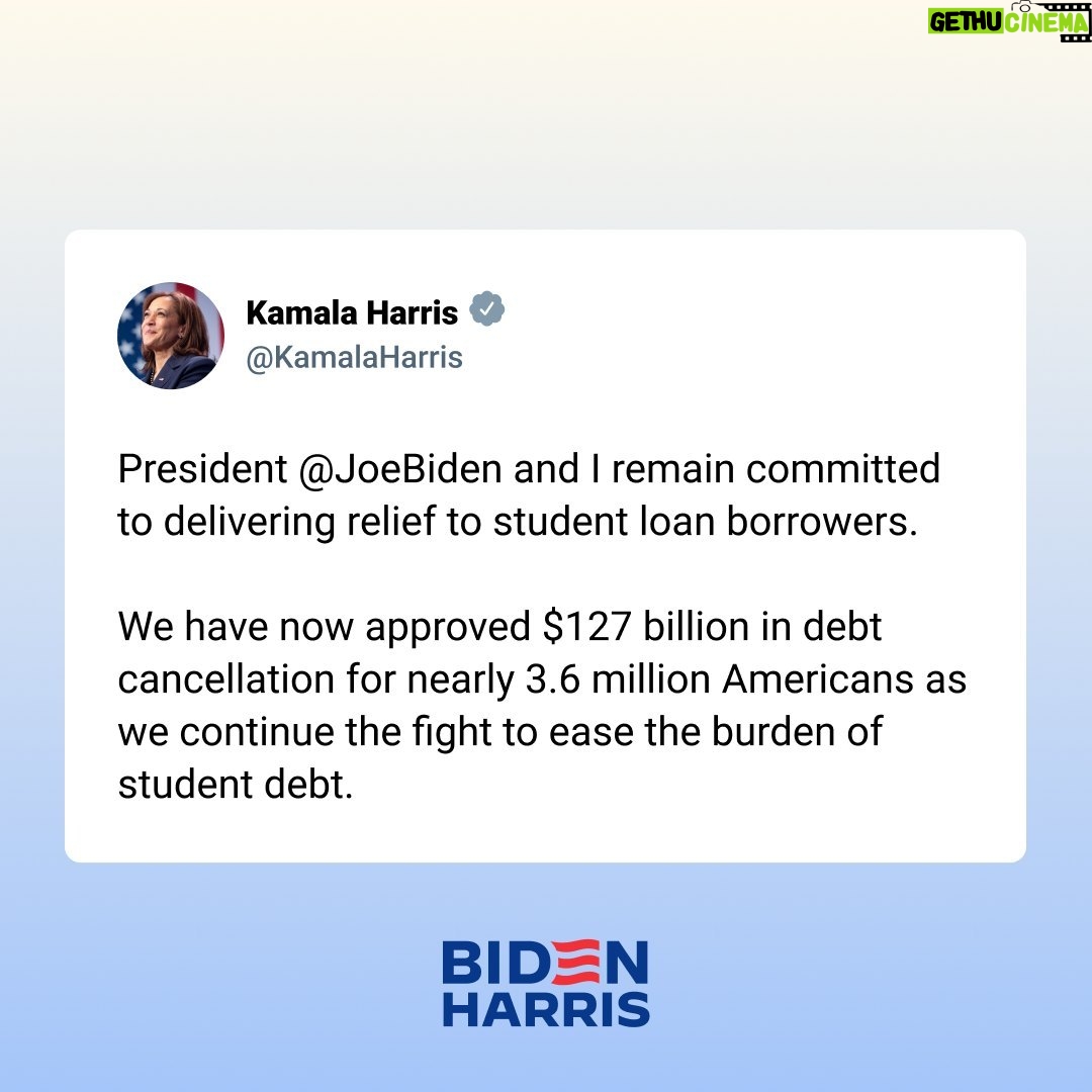Kamala Harris Instagram - President Biden and I remain committed to delivering relief to student loan borrowers.