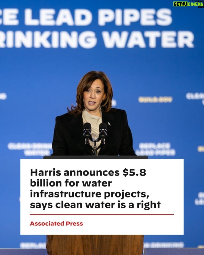 Kamala Harris Instagram - No matter where they live, every person in America should have access to clean water. President Biden and I are dedicating $5.8 billion in federal dollars to help remove lead pipes and fund clean water projects across the country.