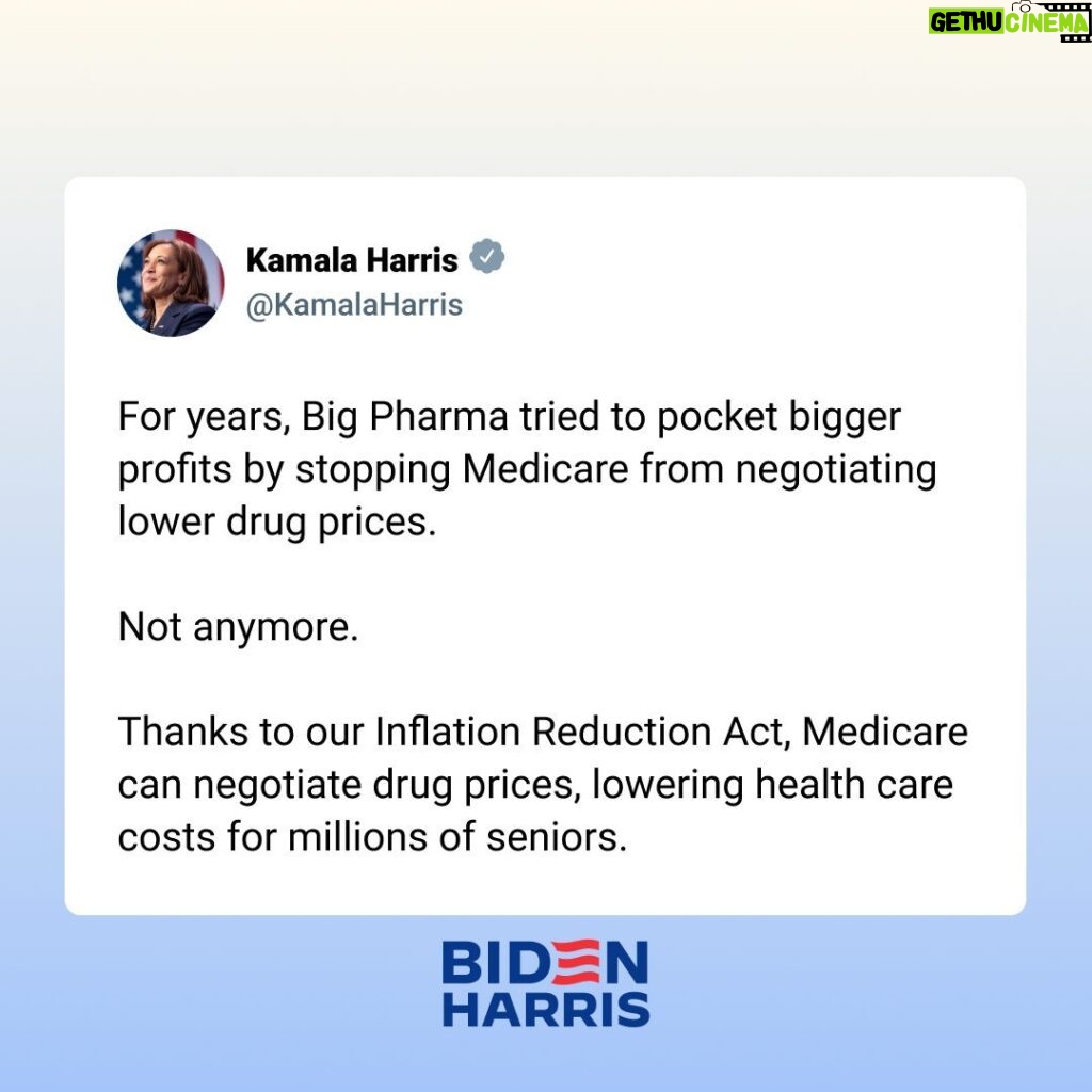 Kamala Harris Instagram - Thanks to our Inflation Reduction Act, Medicare can negotiate drug prices, lowering health care costs for millions of seniors.
