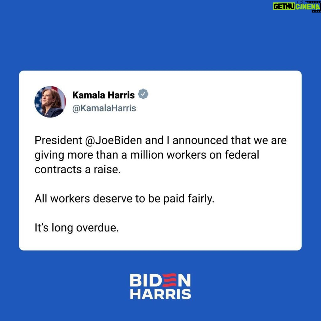 Kamala Harris Instagram - All workers deserve to be paid fairly.