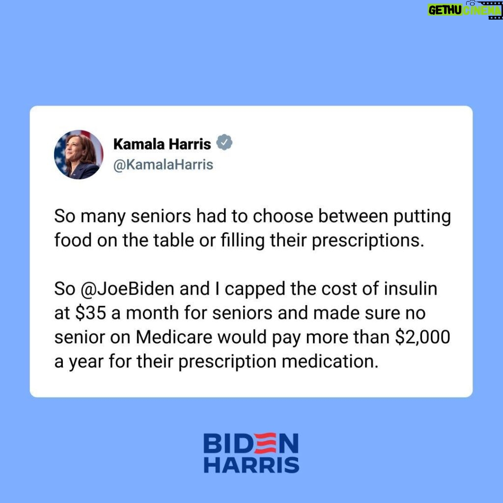 Kamala Harris Instagram - We capped the cost of insulin at $35 a month for seniors.