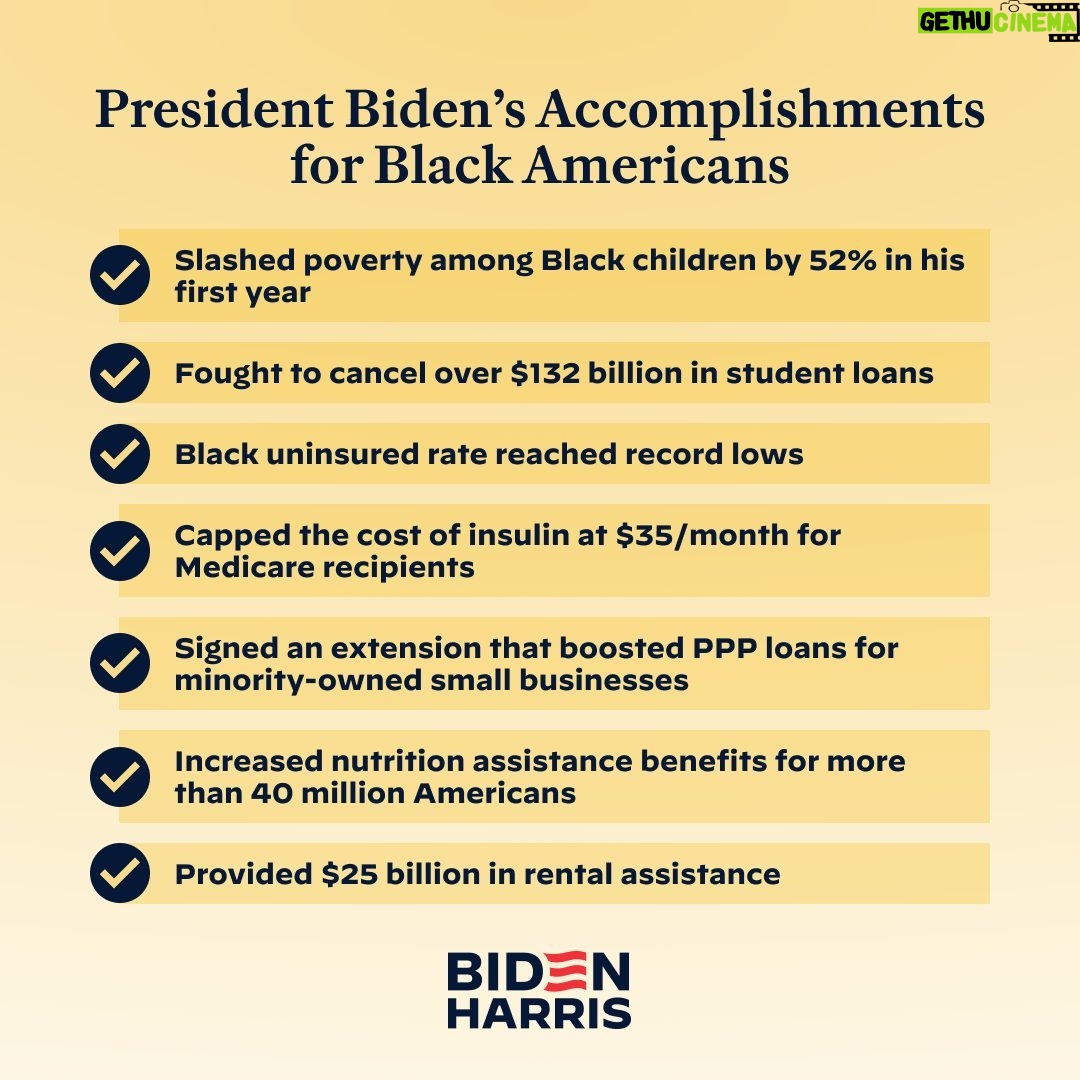 Kamala Harris Instagram - President @JoeBiden and I have made incredible progress for Black Americans—slashing poverty among Black children and capping the cost of insulin for our seniors—and the work continues.