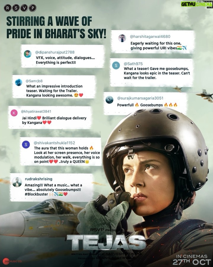Kangana Ranaut Instagram - Tejas’ glimpse has ignited a wave of pride across the nation! 🇮🇳🙌🏻 #TejasTeaser out now! Trailer out on Indian Air Force Day, 8th October. #BharatKoChhedogeTohChhodengeNahi #Tejas In cinemas on 27th Oct.. @sarveshmewara @rsvpmovies @ronnie.screwvala @anshul14chauhan @varun.mitra @ashishvidyarthi1 @nair.vishak @shashwatology @rangoli_r_chandel @zainabburmawalla @pashanjal @nonabains @zeemusiccompany