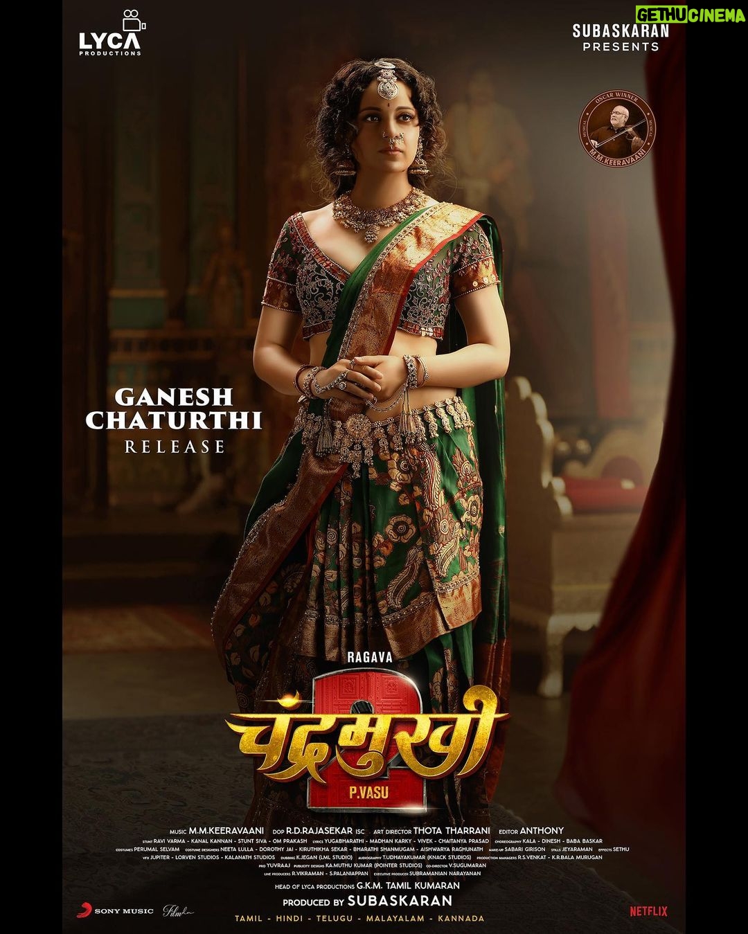 Kangana Ranaut Instagram - The beauty β¨ & the pose π that effortlessly steals our attention! π€© Presenting the enviable, commanding & gorgeous 1st look of #KanganaRanaut as Chandramukhi ππ from #Chandramukhi2 ποΈ Releasing this GANESH CHATURTHI in Tamil, Hindi, Telugu, Malayalam & Kannada! π€ #Chandramukhi2 ποΈ π¬ #PVasu π @actorlawrence @kanganaranaut πΆ @mmkeeravaani π₯ @rdrajasekar.isc π οΈ #ThottaTharani βοΈποΈ @editoranthonyofficial β¨ @radikaasarathkumar Vaigaipuyal #Vadivelu @lakshmimenon967 @mahima_nambiar @srushtidangeoffl @ravimariya @suresh_chandra_menon karthiktmk #RaoRamesh #Vignesh @subikshaoffl βπ»πΆ @madhankarky @yughabharathi @lyricist_vivek πΊπ»ππ» @kalamaster_official @iambababaskar @dineshmaster_official Costumes for Kangana - @neeta_lulla π Jewellery for Kangana - @raabtabyrahul π ποΈ @proyuvraaj #Naidu #Phani #BeyondMedia @prosabari_17 @harisharasu_pro πΈ @v.s.anandhakrishna πΌοΈπ¨ @pointerstudios #KAMuthukumar π€ #GKMTamilKumaran πͺ @lycaproductions #Subaskaran
