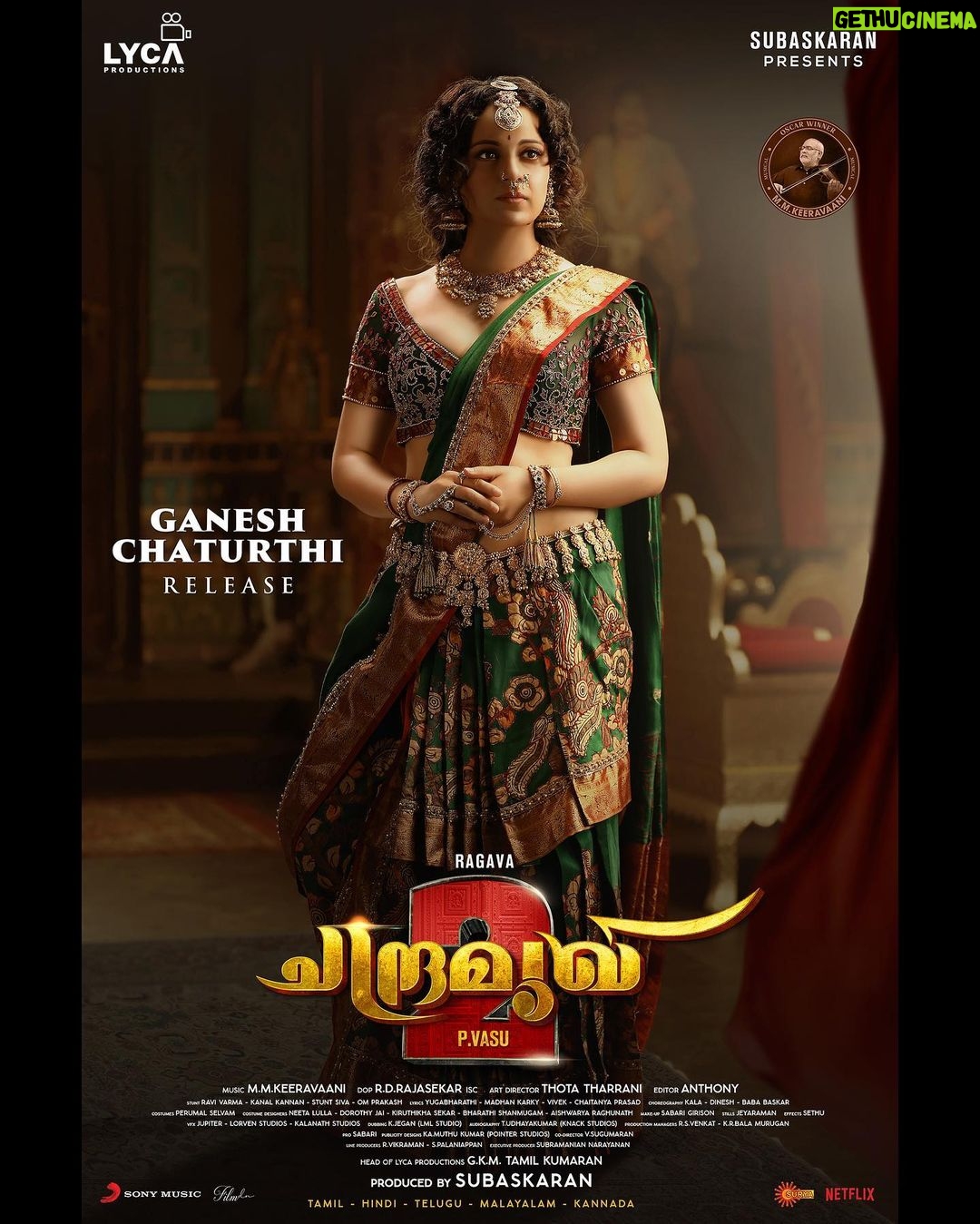 Kangana Ranaut Instagram - The beauty β¨ & the pose π that effortlessly steals our attention! π€© Presenting the enviable, commanding & gorgeous 1st look of #KanganaRanaut as Chandramukhi ππ from #Chandramukhi2 ποΈ Releasing this GANESH CHATURTHI in Tamil, Hindi, Telugu, Malayalam & Kannada! π€ #Chandramukhi2 ποΈ π¬ #PVasu π @actorlawrence @kanganaranaut πΆ @mmkeeravaani π₯ @rdrajasekar.isc π οΈ #ThottaTharani βοΈποΈ @editoranthonyofficial β¨ @radikaasarathkumar Vaigaipuyal #Vadivelu @lakshmimenon967 @mahima_nambiar @srushtidangeoffl @ravimariya @suresh_chandra_menon karthiktmk #RaoRamesh #Vignesh @subikshaoffl βπ»πΆ @madhankarky @yughabharathi @lyricist_vivek πΊπ»ππ» @kalamaster_official @iambababaskar @dineshmaster_official Costumes for Kangana - @neeta_lulla π Jewellery for Kangana - @raabtabyrahul π ποΈ @proyuvraaj #Naidu #Phani #BeyondMedia @prosabari_17 @harisharasu_pro πΈ @v.s.anandhakrishna πΌοΈπ¨ @pointerstudios #KAMuthukumar π€ #GKMTamilKumaran πͺ @lycaproductions #Subaskaran