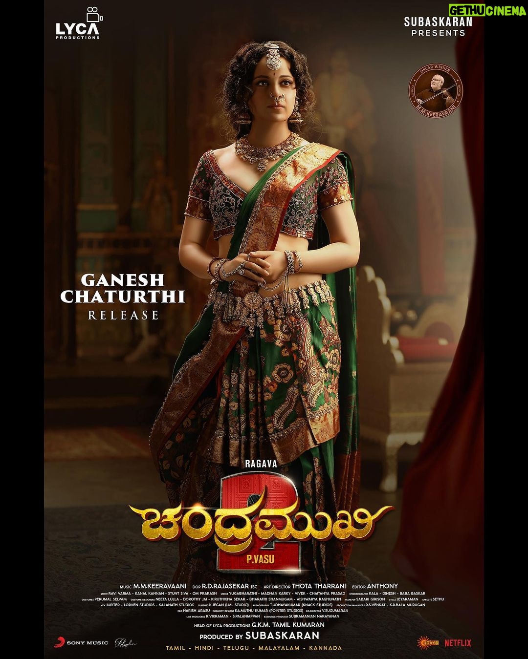 Kangana Ranaut Instagram - The beauty β¨ & the pose π that effortlessly steals our attention! π€© Presenting the enviable, commanding & gorgeous 1st look of #KanganaRanaut as Chandramukhi ππ from #Chandramukhi2 ποΈ Releasing this GANESH CHATURTHI in Tamil, Hindi, Telugu, Malayalam & Kannada! π€ #Chandramukhi2 ποΈ π¬ #PVasu π @actorlawrence @kanganaranaut πΆ @mmkeeravaani π₯ @rdrajasekar.isc π οΈ #ThottaTharani βοΈποΈ @editoranthonyofficial β¨ @radikaasarathkumar Vaigaipuyal #Vadivelu @lakshmimenon967 @mahima_nambiar @srushtidangeoffl @ravimariya @suresh_chandra_menon karthiktmk #RaoRamesh #Vignesh @subikshaoffl βπ»πΆ @madhankarky @yughabharathi @lyricist_vivek πΊπ»ππ» @kalamaster_official @iambababaskar @dineshmaster_official Costumes for Kangana - @neeta_lulla π Jewellery for Kangana - @raabtabyrahul π ποΈ @proyuvraaj #Naidu #Phani #BeyondMedia @prosabari_17 @harisharasu_pro πΈ @v.s.anandhakrishna πΌοΈπ¨ @pointerstudios #KAMuthukumar π€ #GKMTamilKumaran πͺ @lycaproductions #Subaskaran