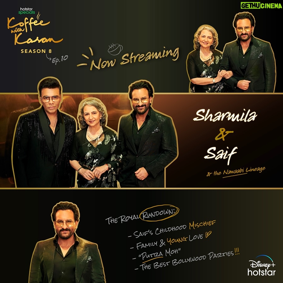 Karan Johar Instagram - It’s royalty galore this episode!☕️✨ Catch Sharmila Tagore & Saif Ali Khan on the latest episode of #KoffeeWithKaranS8. #HotstarSpecials #KoffeeWithKaran Season 8 - new episode now streaming on Disney+ Hotstar! #KWKS8OnHotstar @disneyplushotstar #SharmilaTagore #SaifAliKhan @apoorva1972 @jahnviobhan @dharmaticent