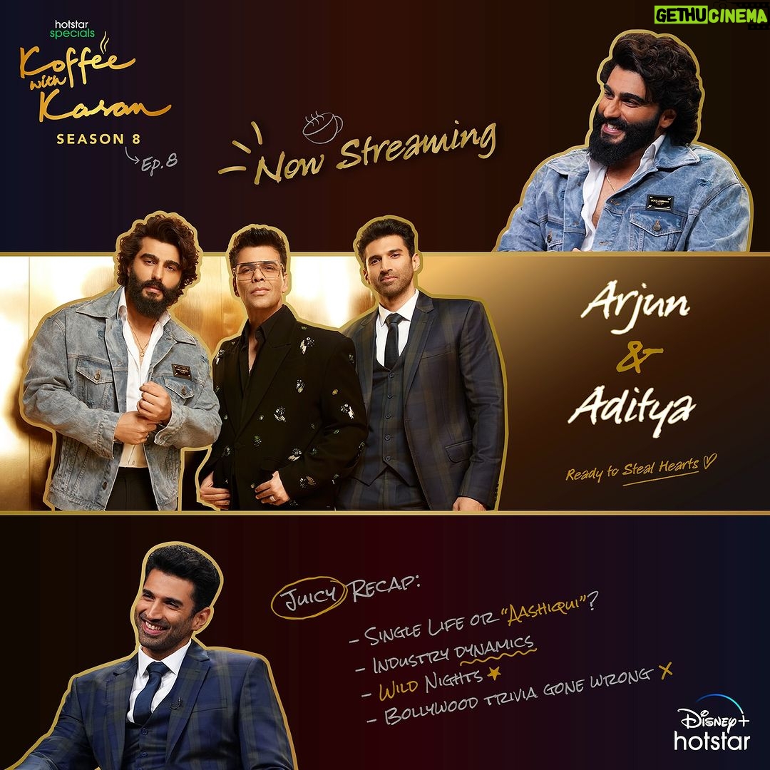 Karan Johar Instagram - The boys are bringing their ‘A’ game on the koffee couch!!! Don’t miss it😉 #HotstarSpecials #KoffeeWithKaran Season 8 - new episode now streaming on Disney+ Hotstar! #KWKS8OnHotstar @disneyplushotstar @arjunkapoor @adityaroykapur @apoorva1972 @jahnviobhan @dharmaticent