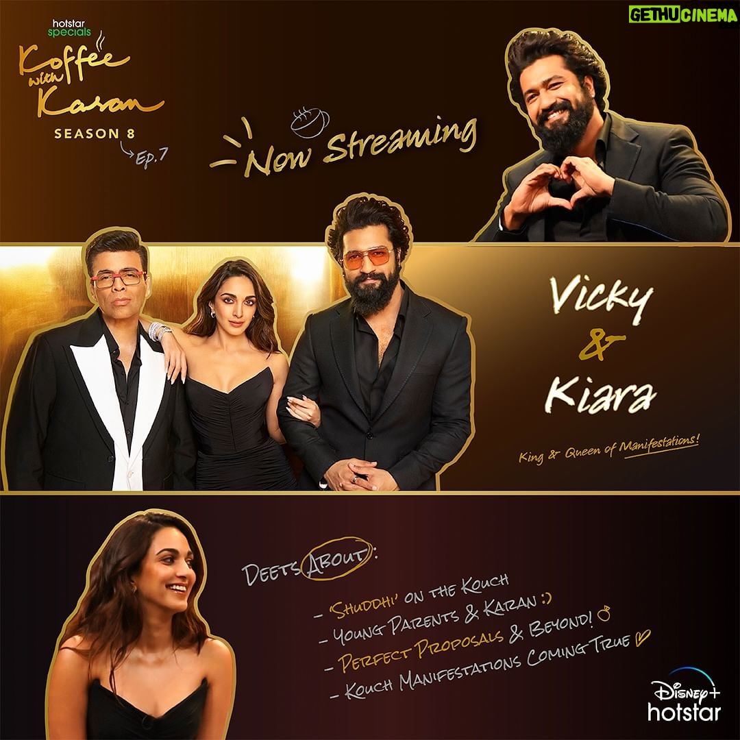 Karan Johar Instagram - To many giggles, proposal stories & unabashed love! Presenting Vicky & Kiara on the koffee kouch!😉 #HotstarSpecials #KoffeeWithKaran Season 8 - new episode now streaming on Disney+ Hotstar! #KWKS8OnHotstar @disneyplushotstar @vickykaushal09 @kiaraaliaadvani @apoorva1972 @jahnviobhan @dharmaticent