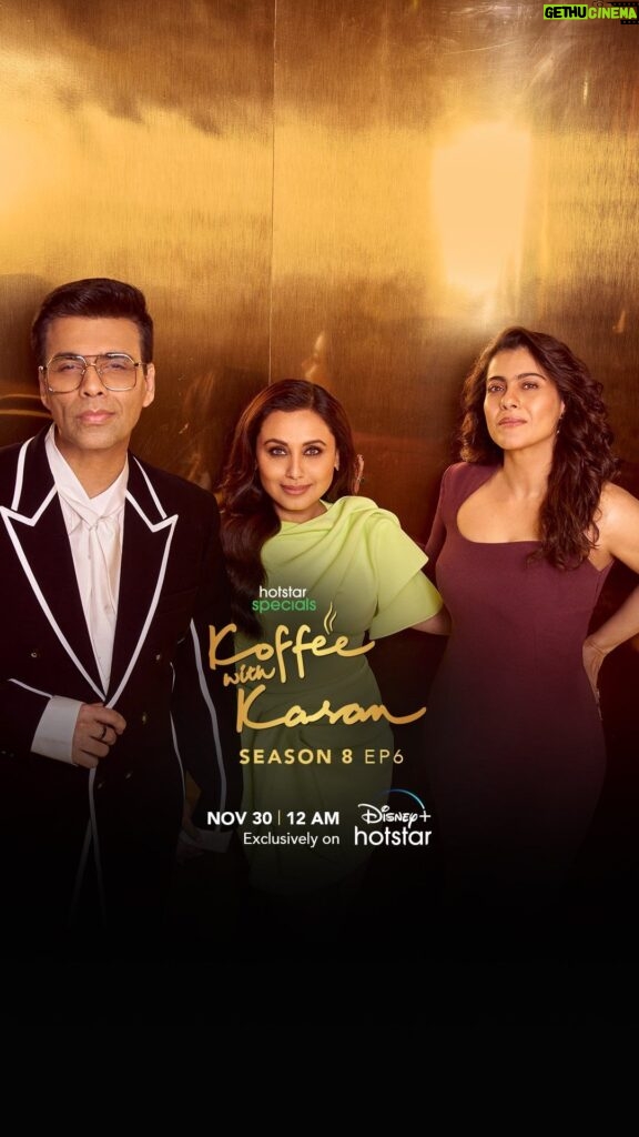 Karan Johar Instagram - We’ve hit the ⏪ button hard enough to bring my first leading ladies - Kajol & Rani back on the Koffee couch & it’s nostalgia in the purest form!!!!🧡🧡🧡 #HotstarSpecials #KoffeeWithKaran Season 8 - new episode streaming from 30th November on Disney+ Hotstar! #KWKS8OnHotstar @disneyplushotstar @kajol #RaniMukerji @apoorva1972 @jahnviobhan @dharmaticent