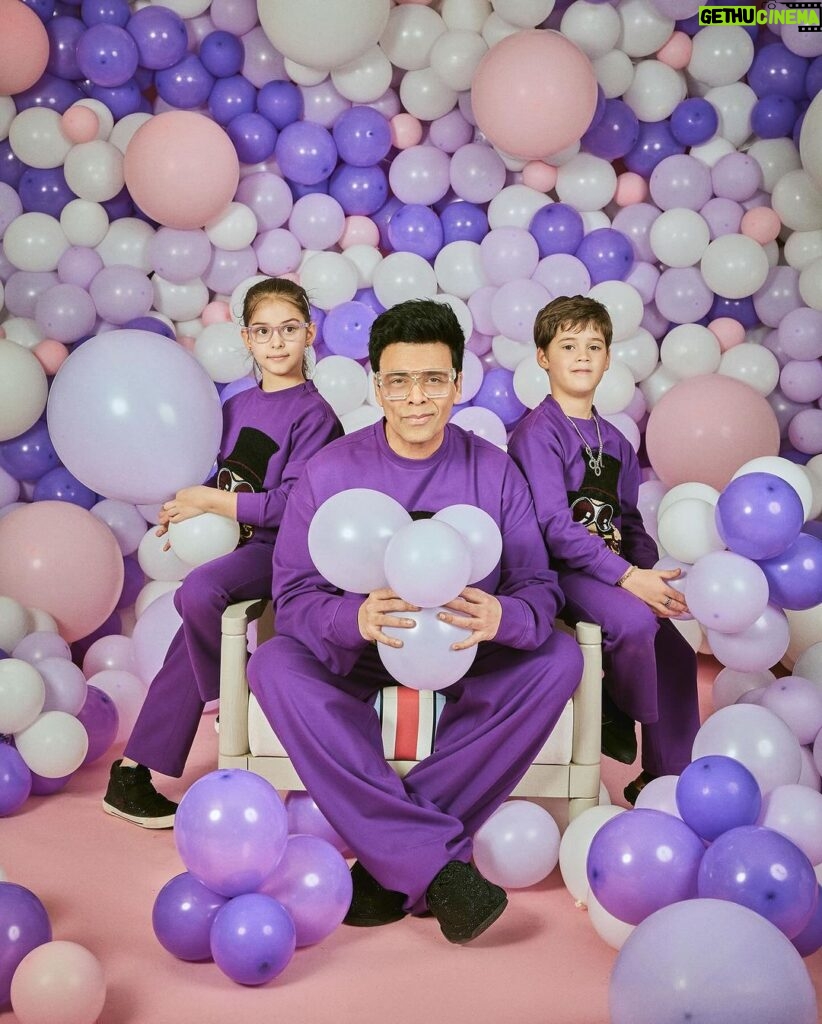 Karan Johar Instagram - Going through a purple patch!!!! My world …. The idea of balloons are more than a decoration to me… they have always represented joy and celebration and a magical feeling of happiness …. My first film is full of them … and even now my inner child comes alive when I have them around … Am so happy to have passed on my joy of balloons to my twins … who overreact as much to them as I do…. Thank you @ekalakhani for always dressing the family and to @sheldon.santos for being there to capture our moments … and the biggest hug to my children’s favourite and all our silent pillar @len5bm ❤❤❤❤