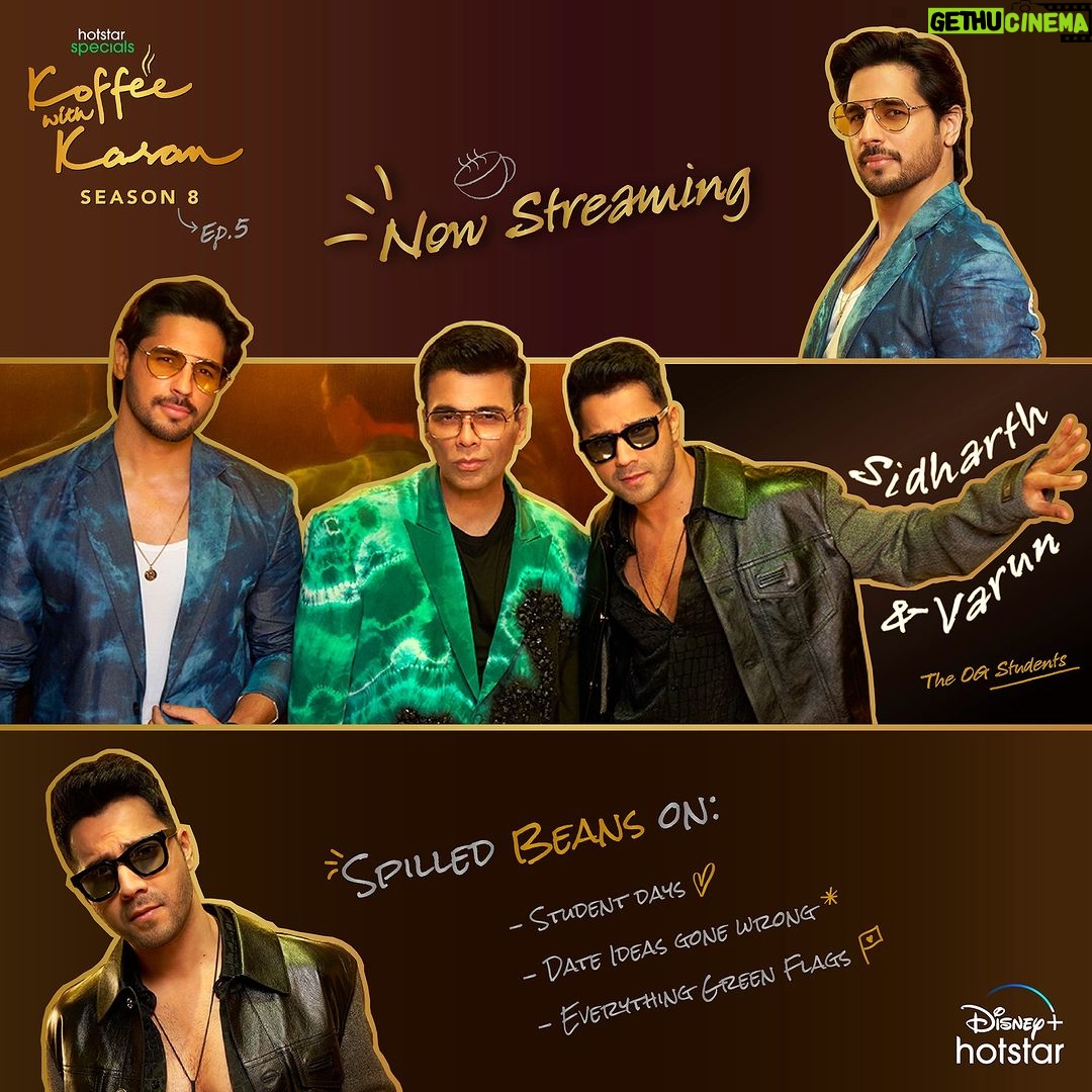Karan Johar Instagram - These two students are front benchers of fun & madness…and they’re all grown up now!💁🏻♂️ #HotstarSpecials #KoffeeWithKaran Season 8 - new episode now streaming only on Disney+ Hotstar! #KWKS8OnHotstar @disneyplushotstar @sidmalhotra @varundvn @apoorva1972 @jahnviobhan @dharmaticent