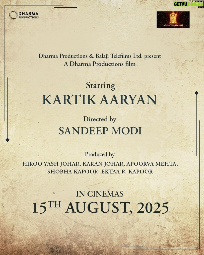 Karan Johar Instagram - Kickstarting today with some special news on a special day!! Extremely thrilled to announce @dharmamovies & @balajimotionpictures coming together for a film helmed by the exceptionally talented @sandeipm. I find myself elated to also announce the supremely talented @kartikaaryan as our lead for this story that will unfold in cinemas on 15th August, 2025!!!! Kartik, happy birthday to you…may our collaboration only grow from strength to strength from hereon and never cease to create magic on the big screen🧡🧡🧡 @ektarkapoor, being your friend is easily the best thing and now working with you will be no different!!! @apoorva1972 @shobha9168 @vivek.koka