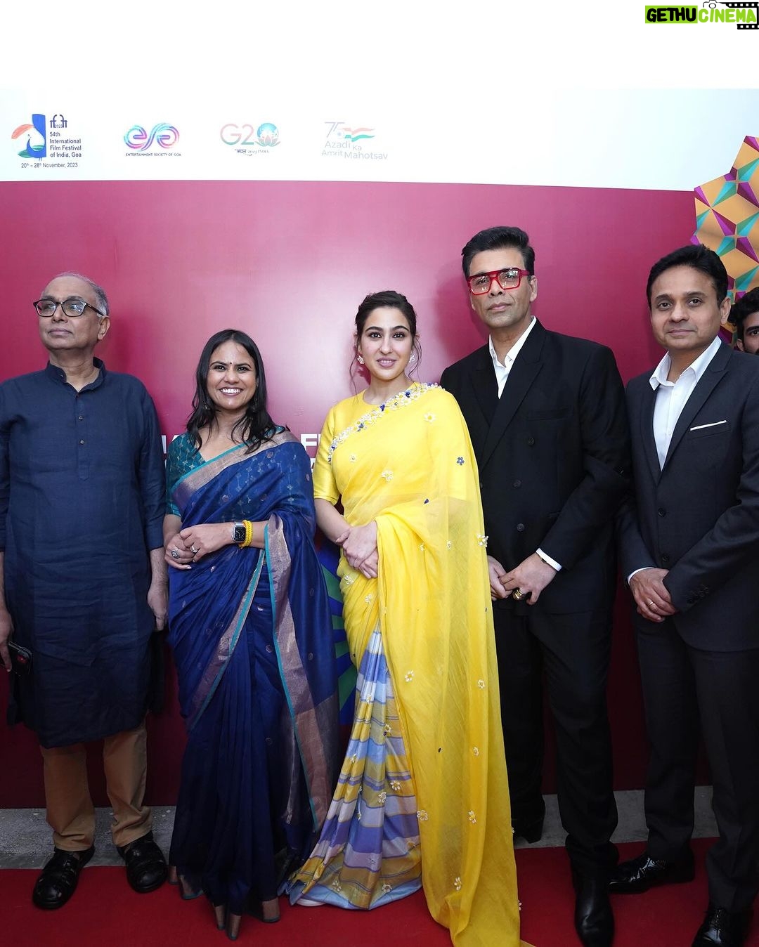 Karan Johar Instagram - An absolutely marvellous time spent at #IFFI2023 with art & cinema just buzzing in the air. Extremely honoured that we had the opportunity to show the world a glimpse of #AeWatanMereWatan with @sukhwindersinghofficial performing a song from our film, followed by the launch of our motion poster with the gorgeous @saraalikhan95. A heartfelt thank you to @official.anuragthakur for hosting this wonderful event and supporting us all. Stay tuned, #AeWatanMereWatanOnPrime coming soon only on @primevideoin. @apoorva1972 @somenmishra #KannanIyer @darabfarooqui @dharmaticent @iffigoa