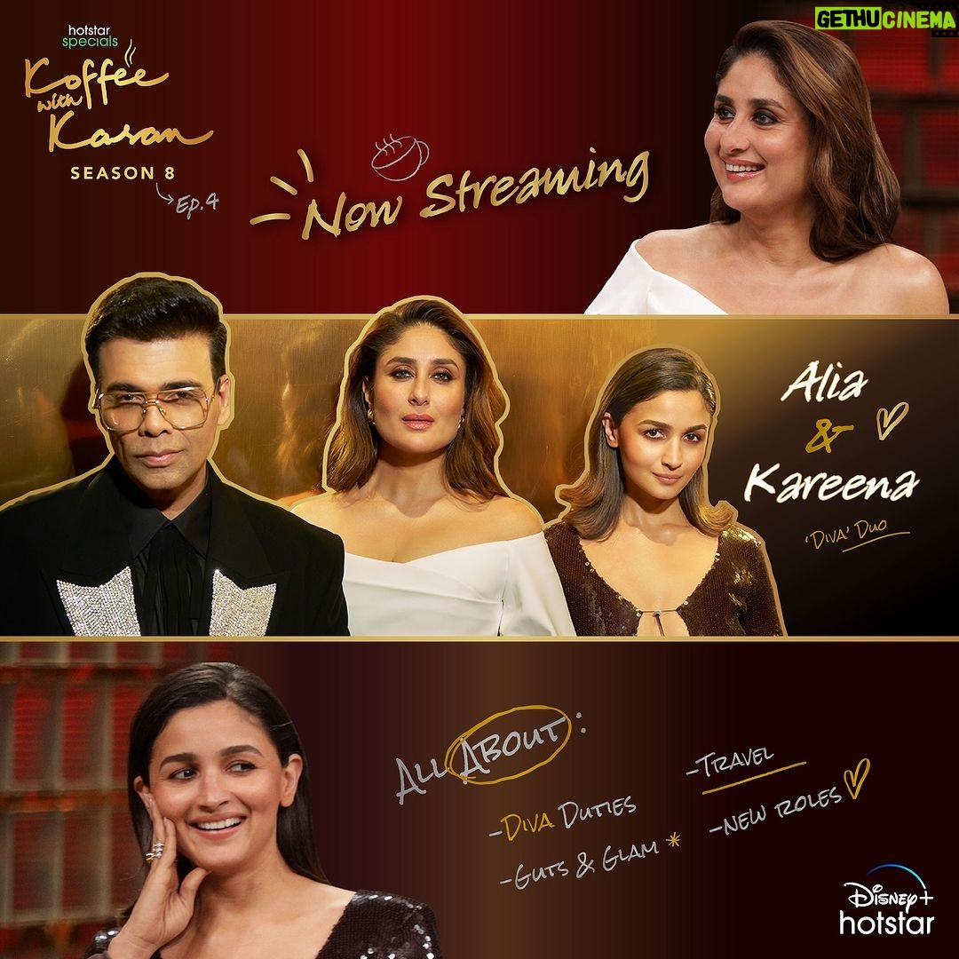 Karan Johar Instagram - Bringing all the glam with Kareena Kapoor Khan & Alia Bhatt on the new episode of #KoffeeWithKaran, streaming now!🫶 #HotstarSpecials #KoffeeWithKaran Season 8 - a new episode every Thursday only on Disney+ Hotstar! #KWKS8OnHotstar @disneyplushotstar @kareenakapoorkhan @aliaabhatt @apoorva1972 @jahnviobhan @dharmaticent