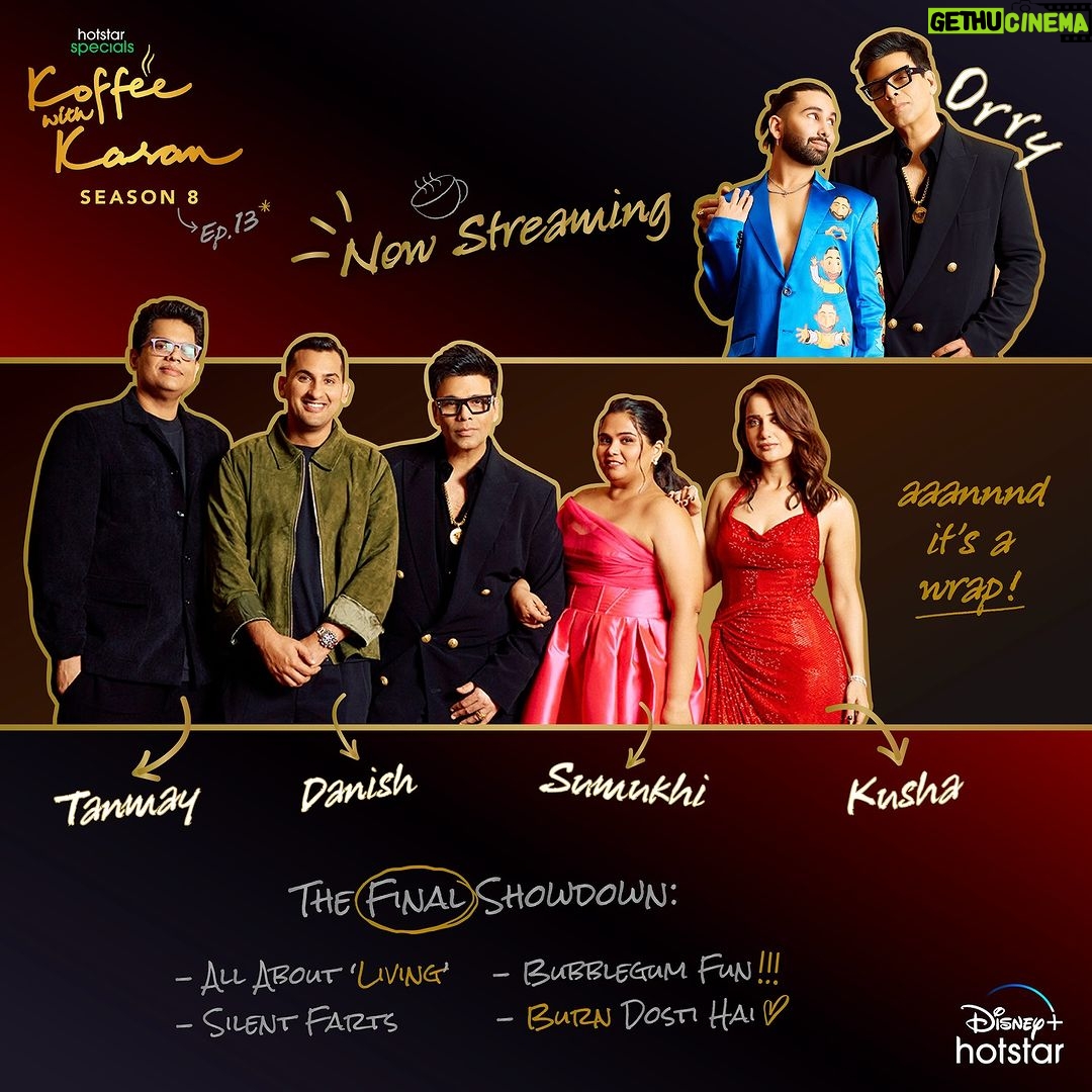 Karan Johar Instagram - Time to find out the strongest brew of this season with the Koffee Awards!🔥 #HotstarSpecials #KoffeeWithKaran Season 8 - new episode now streaming on Disney+ Hotstar! #KWKS8OnHotstar @disneyplushotstar @orry1 @kushakapila @tanmaybhat @sumukhisuresh @danishsait @apoorva1972 @jahnviobhan @dharmaticent