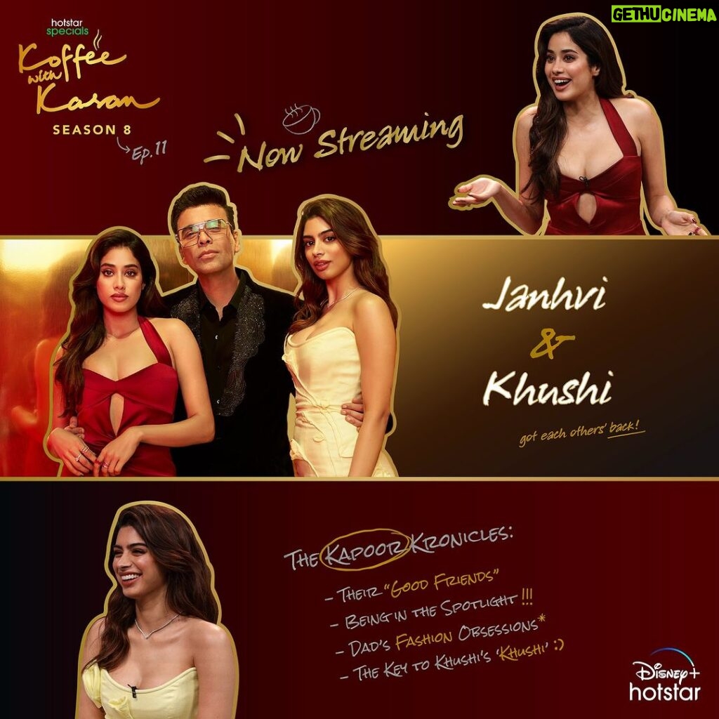 Karan Johar Instagram - The Kapoor sisters have arrived and it’s giving…chaotic fun!💥 Watch Janhvi Kapoor & Khushi Kapoor on the koffee couch on the newest episode of #KoffeeWithKaranS8. #HotstarSpecials #KoffeeWithKaran Season 8 - new episode now streaming on Disney+ Hotstar! #KWKS8OnHotstar @disneyplushotstar @janhvikapoor @khushi05k @apoorva1972 @jahnviobhan @dharmaticent