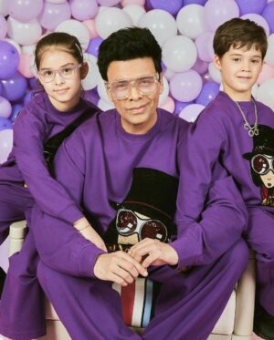 Karan Johar Instagram - Going through a purple patch!!!! My world ….
The idea of balloons are more than a decoration to me… they have always represented joy and celebration and a magical feeling of happiness ….
My first film is full of them … and even now my inner child comes alive when I have them around …
Am so happy to have passed on my joy of balloons to my twins … who overreact as much to them as I do….
Thank you @ekalakhani for always dressing the family and to @sheldon.santos for being there to capture our moments … and the biggest hug to my children’s favourite and all our silent pillar @len5bm ❤️❤️❤️❤️