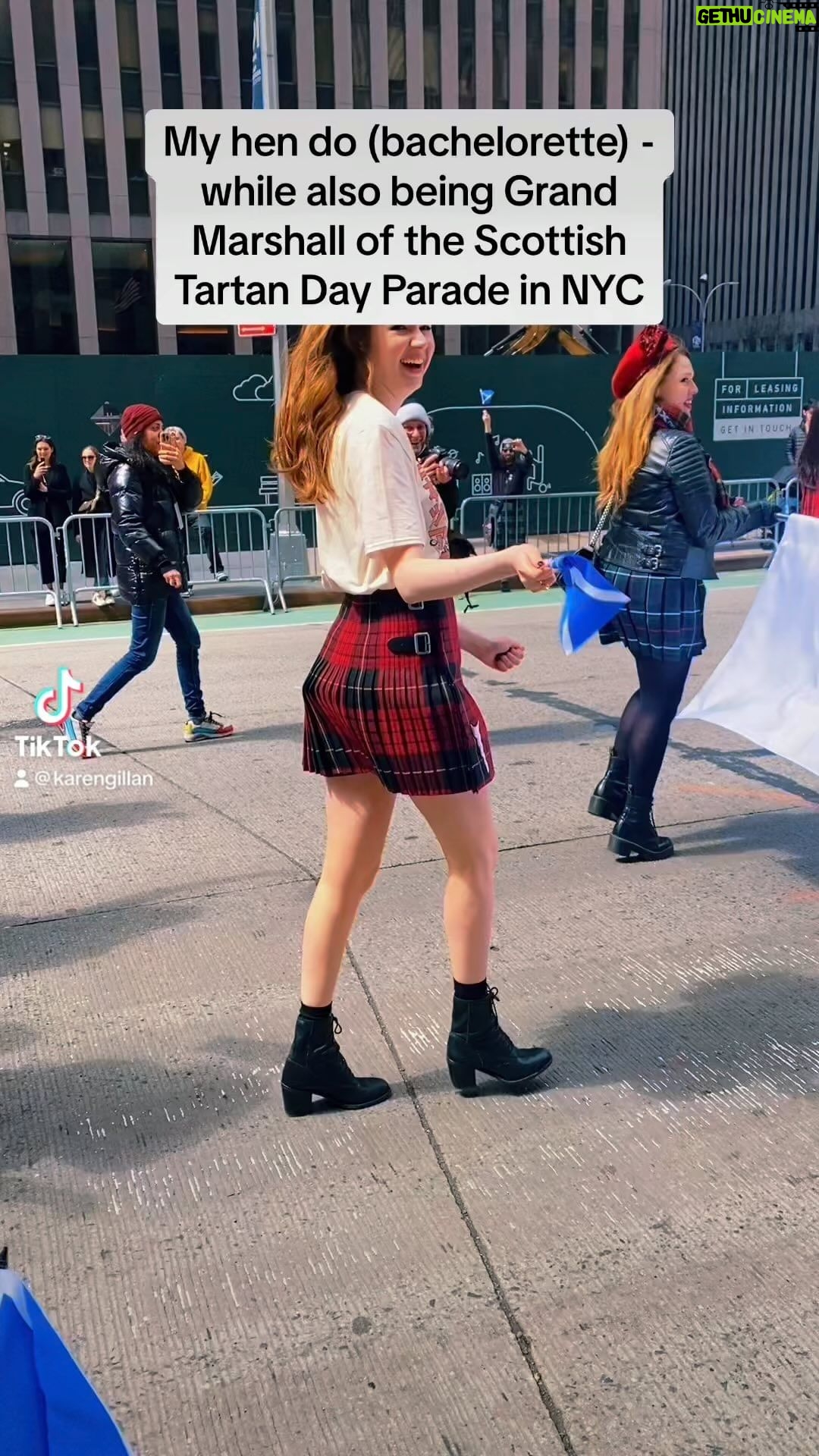 Karen Gillan Instagram - Throwback: Somehow the Scottish Tartan Day Parade fell on exactly the same day as my Hen (bachelorette) Do. So I got to have all my bridesmaids join me in leading the parade! They gave us a custom bottle of whisky BEFORE the parade and that is why we are the rowdiest ones there. WHAT DID THEY EXPECT #hen #bacherloretteparty #bridesmaids #scotland New York, New York