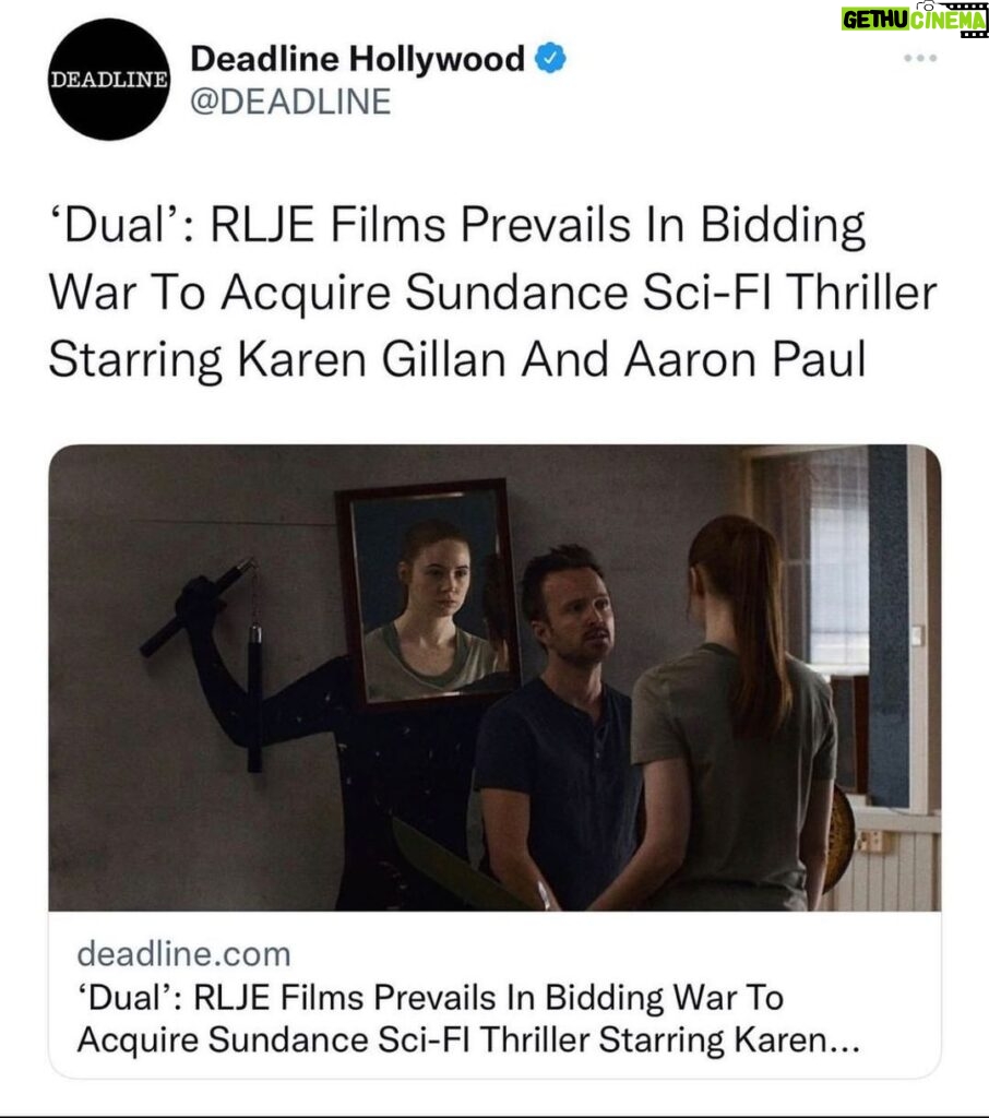 Karen Gillan Instagram - How bloody exciting that Dual will be out in theaters for you all to see! I can’t wait. Sundance has been an incredible experience. It was such a treat to be involved. Go Dual!!! @sundanceorg @rileystearns