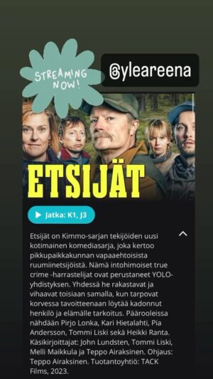 Kari Hietalahti Instagram - ETSIJÄT 👁️Season one😳 Now @yleareena🗿& seven thursdays YLE 1 ⏰ 20:00.
•
#etsijät #yolo #yleareena @pirjolonka @rantahese @piaannakristiinaandersson #tommiliski @tairaksi @tackfilms @johnlundsten #mellimaikkula #yleareena #yle @yle