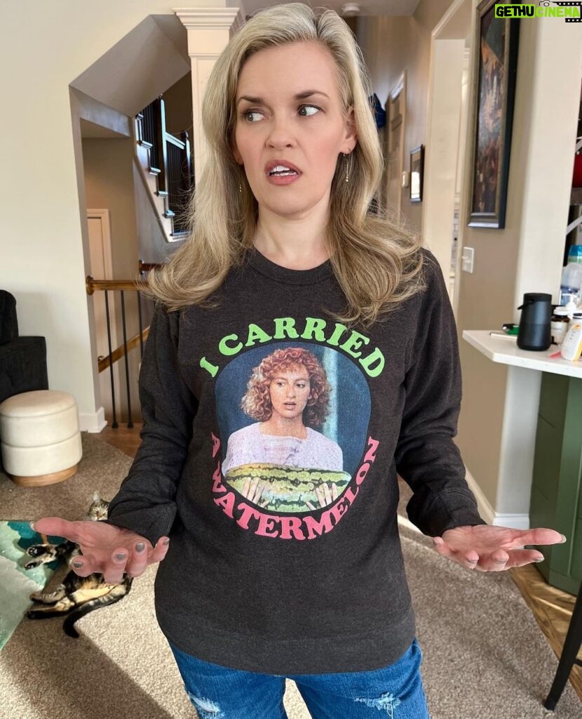Kari Wahlgren Instagram - Whenever I don’t know what to say, and I say something stupid (which has happened MANY times…usually around someone I respect or admire) I tell my friends it was an “I carried a watermelon” moment. Now I can finally wear my social awkwardness in style. Bless you, @teepublic.🥸 #iykyk #dirtydancing #dork #teepublic #nobodyputsbabyinthecorner