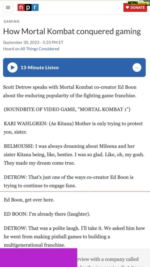 Kari Wahlgren Instagram - I nerd out a bit over NPR, so I was excited to have a (very) quick clip as Kitana featured in this interview with Ed Boon about Mortal Kombat!! Insert giddy fangirling here…😆😍 #videogames #mortalkombat #kitana