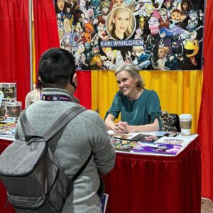 Kari Wahlgren Instagram - What an incredible first day of @anime_los_angeles! The fans could not have been more wonderful.…Looking forward to day two! 😎

(PS- My recent favorite thing is taking elevator pictures of people in cosplay. It just makes me so happy… 😍 So prepare to be photobombed at future conventions. 🤪🥰)

#anime #convention #flcl #voiceover #cosplay #fandom