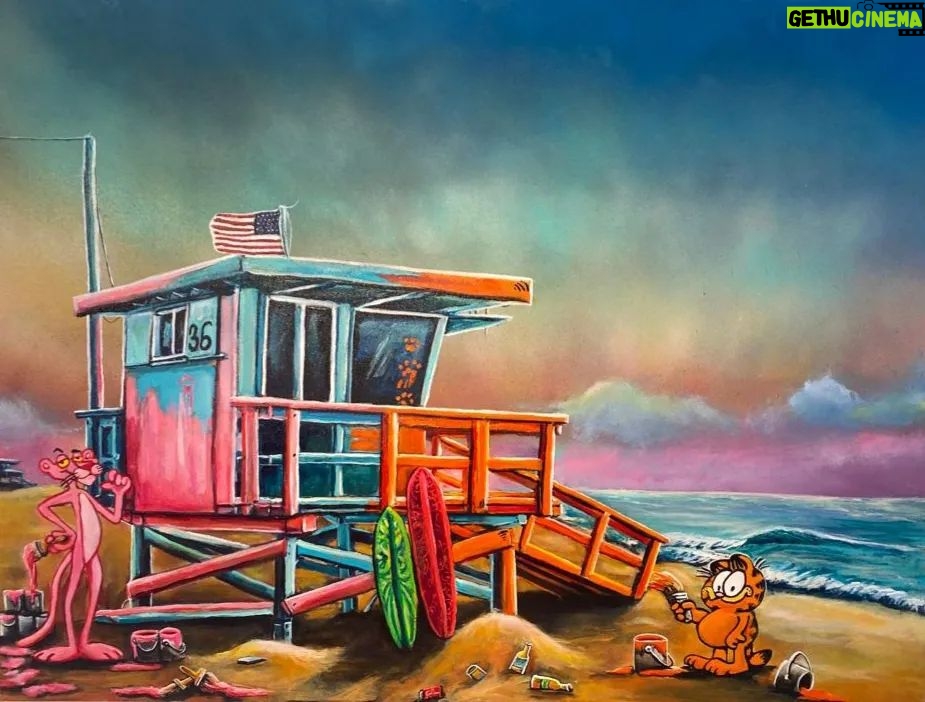 Karin Brauns Instagram - "Manhattan Beach Paint Battle" 48" × 36" Available @colorfulsinartgallery Visit us or DM for more inquiries . . . . . . . #manhattanbeach #art #artist #artsale #gallery #beach #popart #pinkpanther #socal #garfield #cartoons #socal #pink #lifeguardtower #wind #ocean #moments #losangeles #karinbraunsgallery #karinbrauns #artistoninstagram #artcollective #artlife #acrylicpaint #manhattanbeachcalifornia
