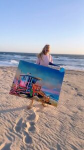 Karin Brauns Instagram - When you think it’s a great idea to finish up your painting at sunset on the beach and it turns out to be a storm disaster 😬 #manhattanbeach #art #artist #artsale #gallery #beach #popart #pinkpanther #socal #garfield #cartoons #socal #pink #lifeguardtower #wind #ocean #moments @colorfulsinartgallery Manhattan Beach, California