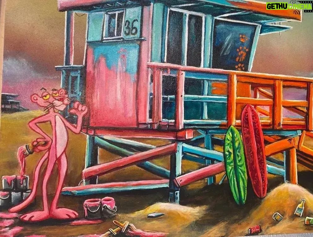 Karin Brauns Instagram - "Manhattan Beach Paint Battle" 48" × 36" Available @colorfulsinartgallery Visit us or DM for more inquiries . . . . . . . #manhattanbeach #art #artist #artsale #gallery #beach #popart #pinkpanther #socal #garfield #cartoons #socal #pink #lifeguardtower #wind #ocean #moments #losangeles #karinbraunsgallery #karinbrauns #artistoninstagram #artcollective #artlife #acrylicpaint #manhattanbeachcalifornia