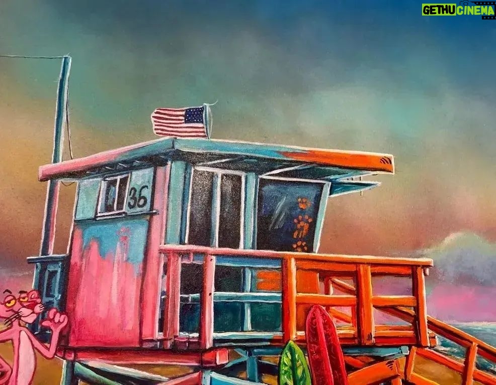 Karin Brauns Instagram - "Manhattan Beach Paint Battle" 48" × 36" Available @colorfulsinartgallery Visit us or DM for more inquiries . . . . . . . #manhattanbeach #art #artist #artsale #gallery #beach #popart #pinkpanther #socal #garfield #cartoons #socal #pink #lifeguardtower #wind #ocean #moments #losangeles #karinbraunsgallery #karinbrauns #artistoninstagram #artcollective #artlife #acrylicpaint #manhattanbeachcalifornia