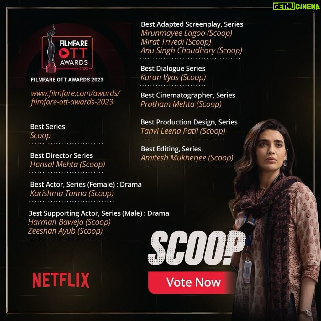 Karishma Tanna Instagram - You showered a lot of love on our show . It’s a show Wch is made with honesty and love .. Vote for our show and let's beat the competition! Your support can make a real difference. Cast your vote today ❤️🙏 Thanku team, Thanku @hansalmehta sir ,Thanku @netflix_in and Thanku @matchboxshots Thanku @filmfare Do vote for #scoop at the @filmfare OTT awards 2023 https://www.filmfare.com/awards/filmfare-ott-awards-2023/vote
