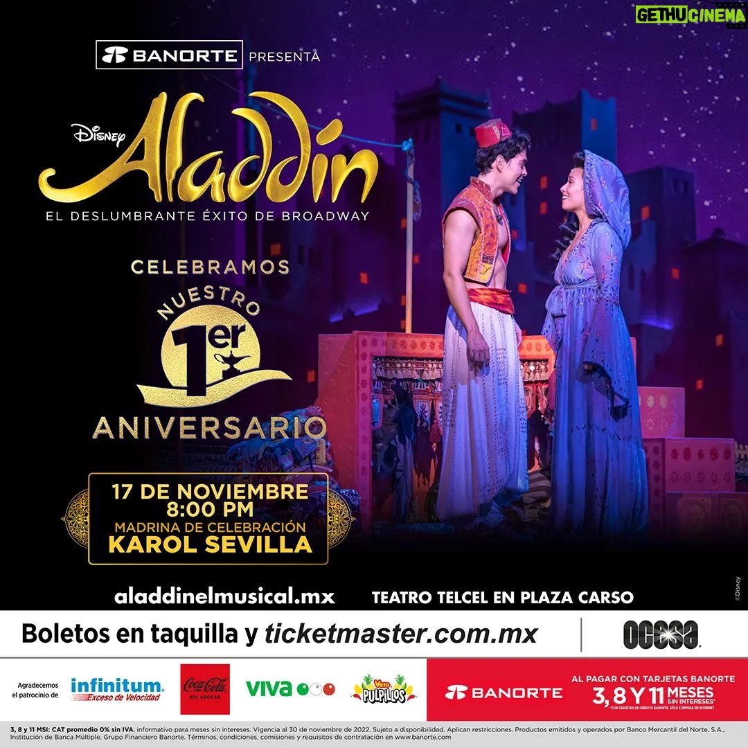 Karol Sevilla Instagram - ¡Celebra con nosotros el primer aniversario de #AladdínMx! 💜 Cumplimos un año creando un Mundo Ideal y esparciendo la magia de Aladdín en el #TeatroTelcel. ✨Contaremos con la hermosa presencia de Karol Sevilla (@karolsevillaofc) que será nuestra madrina de develación. ✨Te esperamos este jueves 17 de noviembre. Boletos disponibles en Ticketmaster y taquillas del #TeatroTelcel.