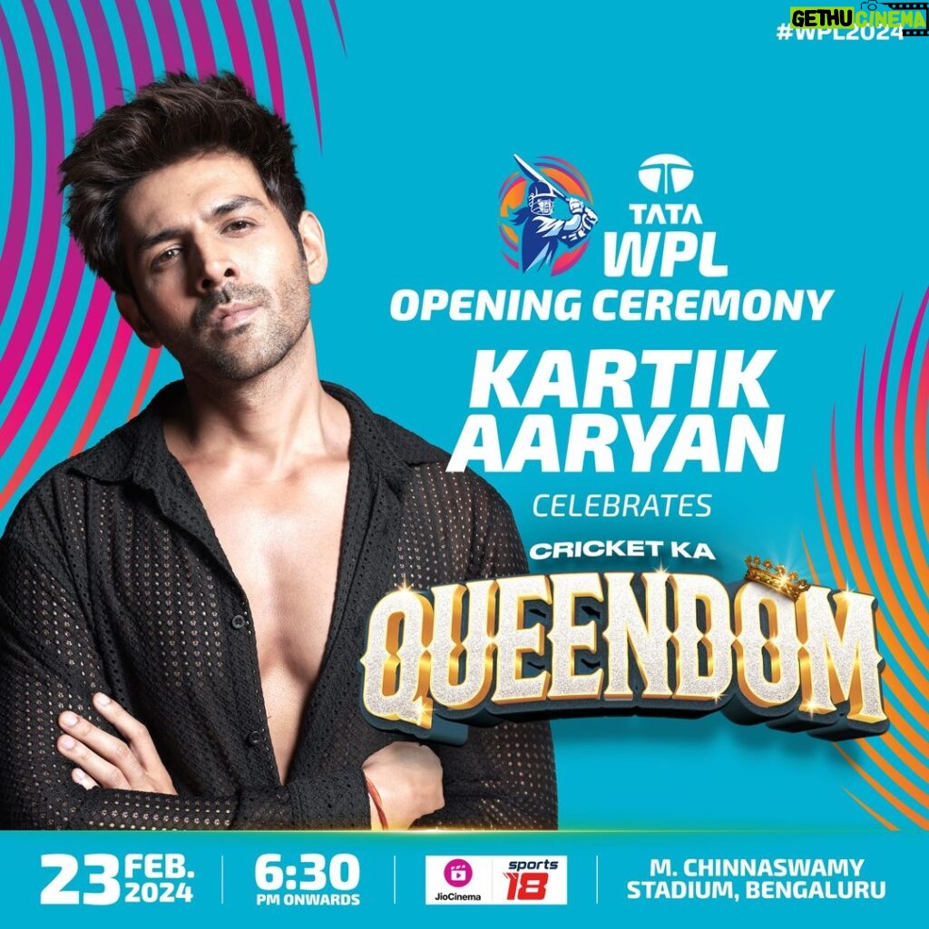 Kartik Aaryan Instagram - Yeh Kingdom nahin, Ab Queendom Hai! Join @kartikaaryan as he fights for the Crown for his Queendom. Watch the #TATAWPL 2024 Opening Ceremony on @officialjiocinema & @sports18.official LIVE from the M. Chinnaswamy Stadium, Bengaluru. 🗓️ 23rd Feb ⏰ 6.30 pm 🎟️ WPLT20.COM