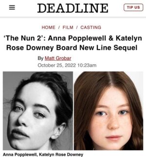 Katelyn Rose Downey Instagram - 🎬✨I am so excited & incredibly grateful to be joining #TheConjuringUniverse Franchise for Warner Brother’s & Newline Cinema, alongside @taissafarmiga @stormreid @bonnieaarons1  #annapopplewell @jonasbloquet 🙏
#TheNun2 Coming September 2023👀🫣
