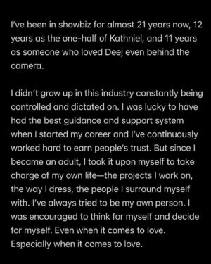 Kathryn Bernardo Instagram - Chapter closed. I hope this finally helps all of us move forward. I won’t be entertaining questions regarding this anymore. Thank you for understanding. 🙏🏼