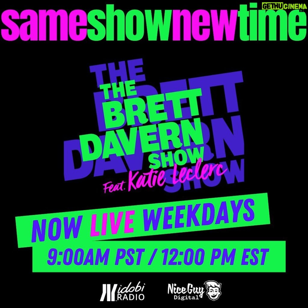 Katie Leclerc Instagram - Listen Up! Fans of @brettdavernshow we have a new time slot on @idobiradio !!!! Starting THIS MONDAY you can now hear us at 9am PST 12pm EST!! idobi will still be there, we’re just sleeping in a bit! #bekindandrakecareofeachother
