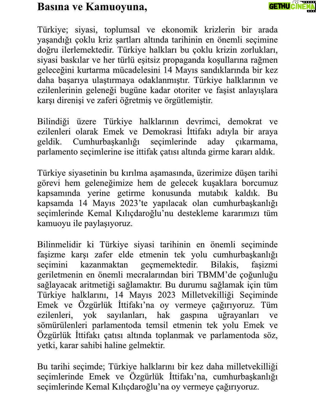 Kerem Fırtına Instagram - Basına ve Kamuoyuna; “Türkiye siyasetinin bu kırılma aşamasında, üzerimize düşen tarihi görevi hem geleneğimize hem de gelecek kuşaklara borcumuz kapsamında yerine getirme konusunda mutabık kaldık. 14 Mayıs 2023’te yapılacak olan cumhurbaşkanlığı seçimlerinde Kemal Kılıçdaroğlu’nu destekleme kararımızı tüm kamuoyu ile paylaşıyoruz.” Milletvekili seçimlerinde sandıkları yemyeşil yapıyoruz☺️🍀✌️ @yesilsol