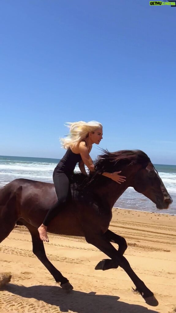 Kerri Kasem Instagram - Channeling my inner Khaleesi! We are in Essaouira, Morocco where they filmed part of Game of Thrones, so I thought it only appropriate! 🐉 TY @yassine_cavalier 💛 Book an amazing horseback riding adventure like this like this one with @my_cavago! 🐴 #Morocco #GameOfThrones #khaleesi #Blonde #BlackStallion