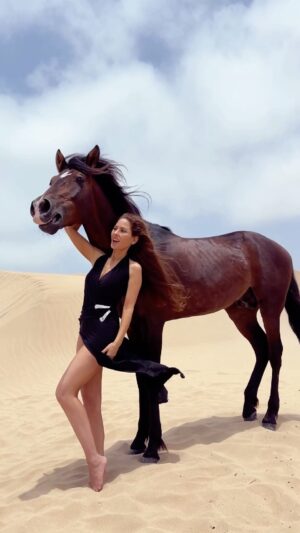 Kerri Kasem Instagram - Saying HI in horse language!
Turn up the sound you can hear us both whinny! 

Thank you @yassine_cavalier for sharing your beautiful horses with us. You have a connection with your horses that I have never seen before. Yassine told Brego, the stallion, to stay and he stood there in the dunes hanging out for about two hours. He never once thought about running back to the barn or running away like most horses would do. Brego was so comfortable he fell asleep a couple times and we had to wake him up. 

#Horse #Morocco #Stallion #SandDunes #HorseAndRider