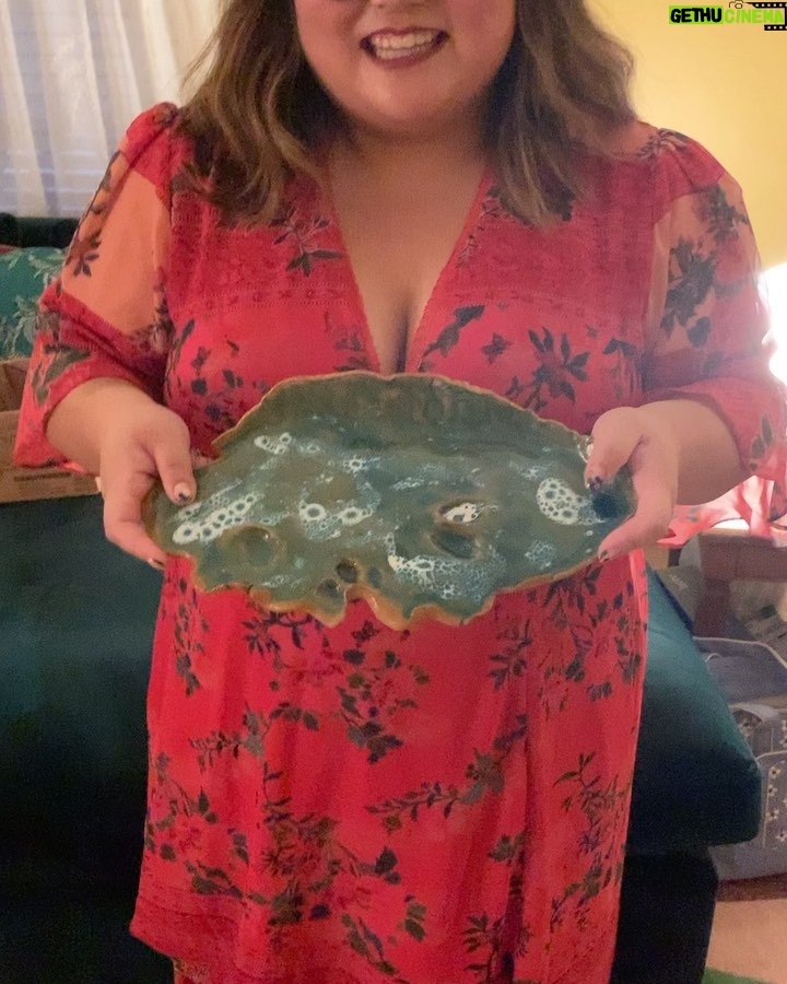 Kether Donohue Instagram - I handbuilt my dear friend @alysewhitney a serving platter!!! The fingerprint holes are for olives! And the “mistake” dents are for toothpick holders!! Was going for an oceanic vibe. I didn’t give it to her for months after making it bc I was sad to see it go after spending time with it but now can’t wait for Alyse’s next dinner party ☺️♥️ #handbuildingpottery (sound on for tour of the platter 🤣) & @matrushkastyle dress in pic 4 👗