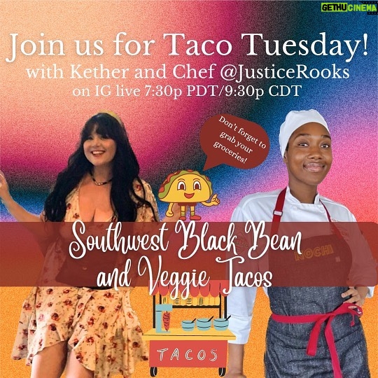 Kether Donohue Instagram - Friends! Join me and my dear friend @justicerooks tomorrow for a fun night of whipping up one of her exquisite dishes from her cookbook The Enchanted Kitchen! Join us as we talk food, faith, Justice’s never been done before Diaspora food tour from New Orleans featuring food from West Africa and the Caribbean Islands, and a very cool competition shes part of right now to benefit the @beardfoundation which aims to create a more equitable and sustainable future in the restaurant industry through advocacy, community focused initiatives, and more! I’m posting the recipe here and in my stories if you want to cook with us, but most importantly just bring yourself, whatever mood or day or year you came from, come as you are, you are loved ❤️ There will be giveaways of Justice’s cookbook, virtual private food experiences with Justice, and food and conversation made with LOVE 💕